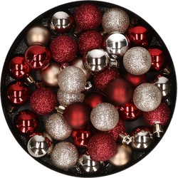 Kleine kunststof kerstversiering 40x stuks set en 3 cm kerstballen in het donkerrood en champagne - Kerstbal