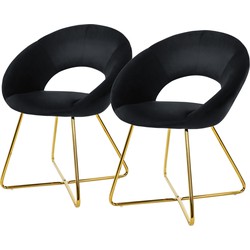 Set van 2 eetkamerstoelen met ronde open rugleuning zwart fluweel met goudkleurige metalen poten ML design