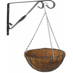 Hanging basket 35 cm met klassieke muurhaak groen en kokos inlegvel - metaal - complete hangmand set - Plantenbakken