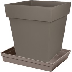 Bloempot Toscane vierkant kunststof taupe L39 x B39 x H39 cm inclusief onderschaal L33 x B33 x H5 cm - Plantenpotten