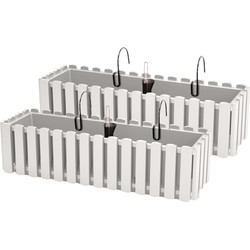 2x stuks fence-look ophang plantenbakken/bloembakken kunststof 58 x 18 x 16 cm parel wit - Plantenpotten