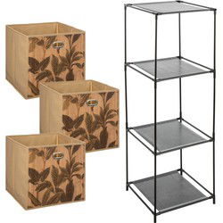 Kastmandjes/opberg mandjes - naturel/print - 3x stuks van 29 Liter - In rekje van 34 x 98 cm - Opbergmanden