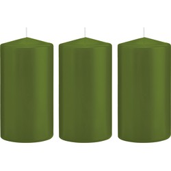 3x Kaarsen olijfgroen 8 x 15 cm 69 branduren sfeerkaarsen - Stompkaarsen
