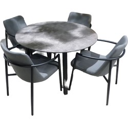 Tuinset Teeburu tafel black, concrete dia. 120 cm met 4 stoelen Youkou stoel black, panther black - Yoi
