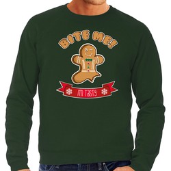 Bellatio Decorations foute kersttrui/sweater heren - Gingerbread koekemannetje - groen - Bite Me S - kerst truien