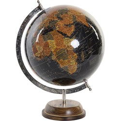 Decoratie wereldbol/globe zwart op metalen voet 28 x 37 cm - Wereldbollen
