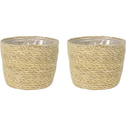 Set van 2x stuks plantenpot/bloempot van jute/zeegras diameter 15 cm en hoogte 12 cm creme beige - Plantenpotten