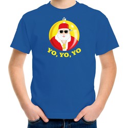 Bellatio Decorations kerst t-shirt voor kinderen - Kerstman - blauw - Yo Yo Yo L (140-152) - kerst t-shirts kind