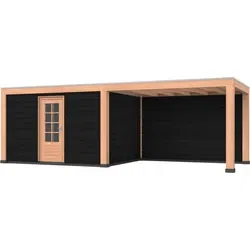 Douglas overkapping, 750 x 300 cm, met schuur en achterwand, Westwood Robuust Zwart