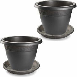 3x stuks bloempotten met onderschaal antraciet grijs rond diameter 40 cm - Plantenpotten
