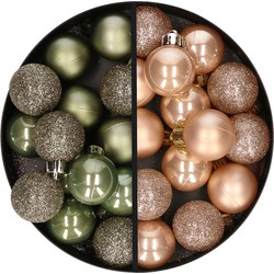 28x stuks kleine kunststof kerstballen legergroen en lichtbruin 3 cm - Kerstbal