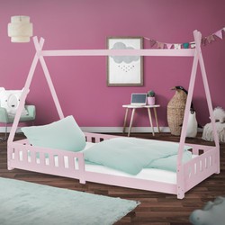 Kinderbed Tipi 90x200 cm roze van grenenhout met uitvalbeveiliging en lattenbodem Houten bed ML design