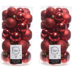 60x Kunststof kerstballen glanzend/mat/glitter rode kerstboom versiering/decoratie - Kerstbal