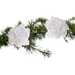 2x stuks kerstboom bloemen op clip wit en besneeuwd 10 cm - Kersthangers