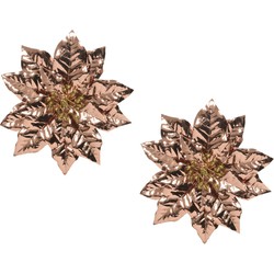2x stuks decoratie bloemen kerstster koper glitter op clip 24 cm - Kunstbloemen