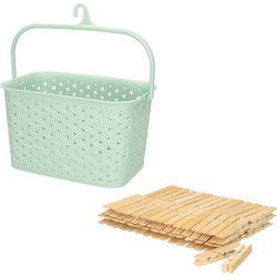 Wasknijpersmandje met ophanghaak - mintgroen - en 60x houten wasknijpers 7 cm - knijperszakken