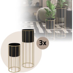 ML-Design bloemenstandaard set van 6, zwart-goud, 21x46,7/24x70,5 cm, rond, staal, bloempotstandaard met plantenbak, metalen plantenstandaard, bloempothouder 6-delig, bloempotdecoratie bloemenkrukje