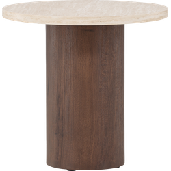 Jente ronde houten bijzettafel donkerbruin met travertine tafelblad- Ø 50 cm