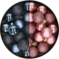 28x stuks kleine kunststof kerstballen velvet roze en nachtblauw 3 cm - Kerstbal