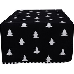 Clayre & Eef Tafelloper Kerst  50x140 cm Zwart Wit Katoen Rechthoek Kerstbomen Tafelkleed