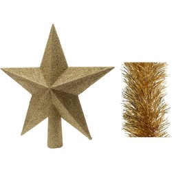 Kerstversiering kunststof glitter ster piek 19 cm en folieslingers pakket goud van 3x stuks - kerstboompieken