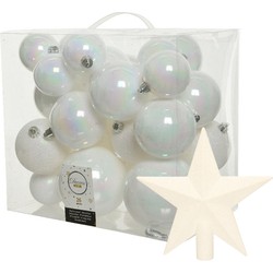 Kerstversiering kunststof kerstballen met piek parelmoer wit 6-8-10 cm pakket van 27x stuks - Kerstbal