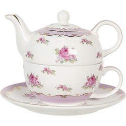 Clayre & Eef Tea for One  400 ml / 250 ml Wit Roze Porselein Rond Theepot set