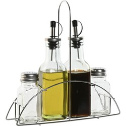 Items Azijn/Olie flessen tafelset - met peper/zout vaatjes - glas/metaal - transparant - Olie- en azijnstellen