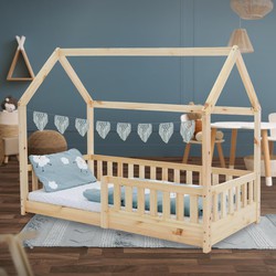 Kinderbed Huisbed 80x160 cm van dennenhout met uitvalbeschermend dak en lattenbodem Houten bed ML design