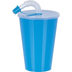 Juypal Drinkbeker met deksel en rietje - blauw - kunststof - 450 ml - 12 x 9 cm - Drinkbekers