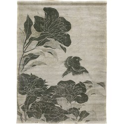 HK-living wandkaart floral / vogel linnen zwart wit 92x133x1cm