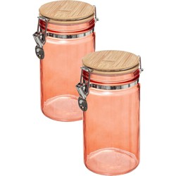 2x stuks voorraadbussen/voorraadpotten 1L glas koraal oranje met bamboe deksel en beugelsluiting - Voorraadpot