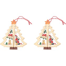 2x Kerst hangdecoratie kerstbomen met kerstman 10 cm van hout - Kersthangers