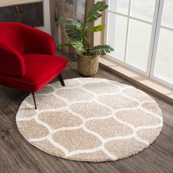 Tapijtenloods Madrid Shaggy Rond Design Vloerkleed Beige Creme Hoogpolig- 120 CM ROND