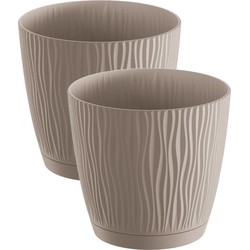 2x stuks stijlvolle kunststof plantenpot/bloempot dia 28 cm/hoogte 26 cm Waves taupe - Plantenpotten