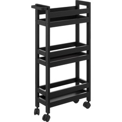 5Five Keuken of badkamer trolley 3-laags - zwart - D15 x B40 x H75 cm - mdf hout - met wielen - Opberg trolley