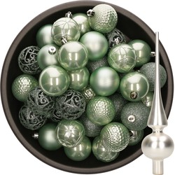 37x stuks kunststof kerstballen 6 cm mintgroen incl. glazen piek mat zilver - Kerstbal