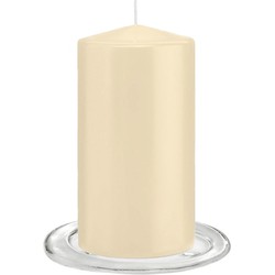 Trend Candles - Stompkaarsen met glazen onderzetters set van 2x stuks - creme wit 8 x 15 cm - Stompkaarsen