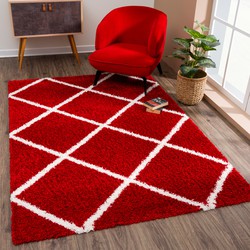 Tapijtenloods Madrid Shaggy Geruit Vloerkleed Rood Creme Hoogpolig- 200x290 CM