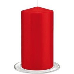 Trend Candles - Stompkaarsen met glazen onderzetters set van 2x stuks - helder rood 8 x 15 cm - Stompkaarsen