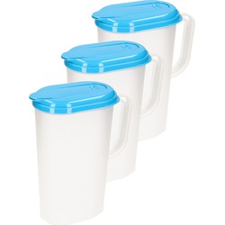 3x stuks waterkan/sapkan transparant/blauw met deksel 2 liter kunststof - Schenkkannen
