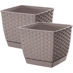 Set van 2x stuks plantenpotten/bloempotten rotan kunststof 16.5 x 16.5 cm en hoogte 14.2 cm taupe/be - Plantenpotten