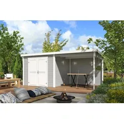Outdoor Life blokhut Lars met overkapping platinum grey-wit, 500 x 250 cm