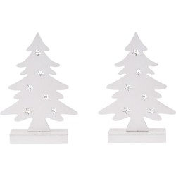 2x stuks kerstdecoratie kerstboom wit hout 28 cm met Led lampjes - Houten kerstbomen