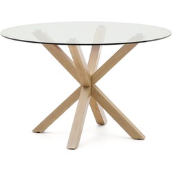 Kave Home - Argo ronde glazen tafel en stalen poten met houteffect afwerking Ø 119 cm