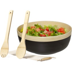 Secret de Gourmet Slakom/schaal met slacouvert - Bamboe hout - D30 cm - Saladeschalen