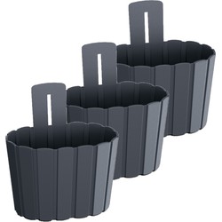 Set van 3x stuks wood-look muur plantenpot/bloempot kunststof dia 20 cm/hoogte 15 cm antraciet - Plantenpotten