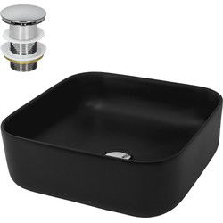 Wastafel incl. zilveren kabelwaste zonder overloop 39,5x39,5x14 cm zwart keramiek ML design