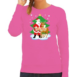 Bellatio Decorations Foute kersttrui/sweater dames - kerstman en rudolf - roze - Merry Christmas S - kerst truien