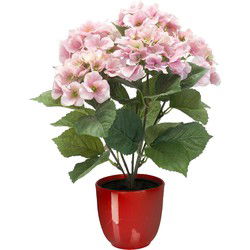 Hortensia kunstplant/kunstbloemen 40 cm - roze - in pot rood glans - Kunstplanten